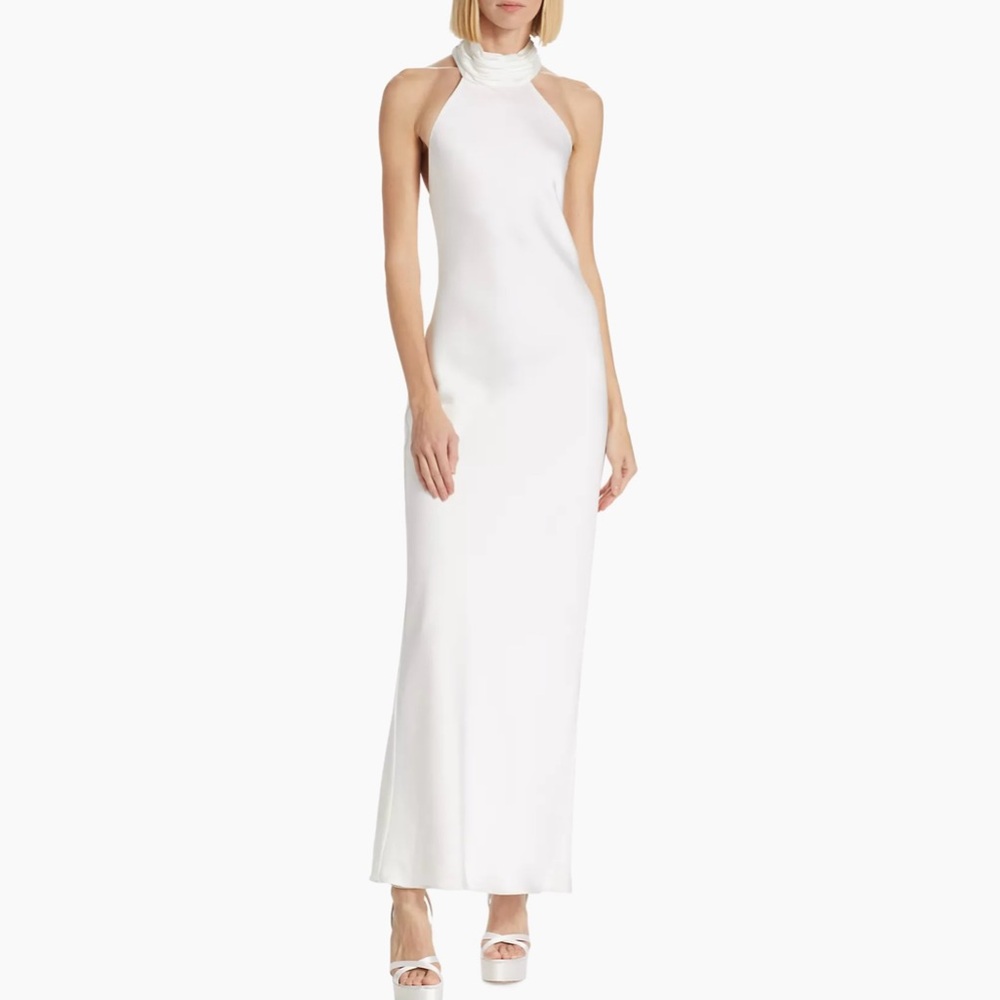 Ramy Brook Tatiana High Neck Satin Gown Ivory Small